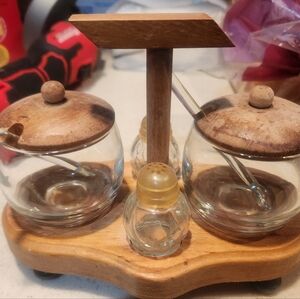 Antique Wooden Spice Jar Set with Glass Containers